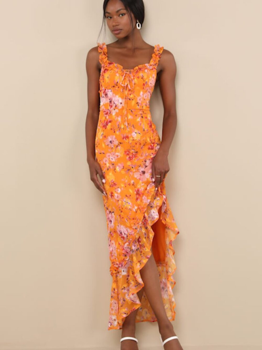 Lulus Lovable Spirit Orange Floral Burnout Ruffled High-low Maxi Dress - Size XL - Picture 1 of 1